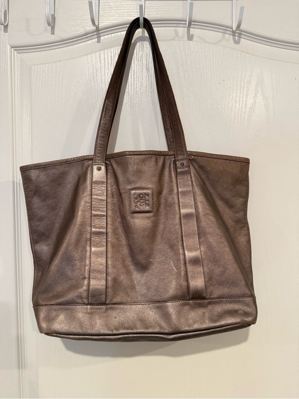 Longchamp Shoulder Handbag Tote Silver Gray Genuine Leather Large *some wear